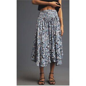 Anthropologie Midi Skirt Large Blue Purple Abstract High-Low Hem Asymmetrical